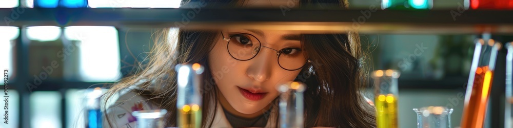 Beautiful Asian woman in witch costume mixing potion in test tube at laboratory for Halloween Beautiful Asian woman in witch costume mixing potion in test tube at laboratory for Halloween