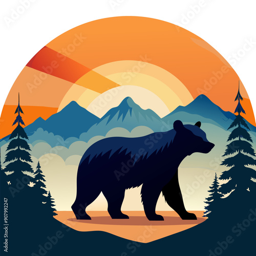 Bear in the forest at sunset. Ready for t-shirt print, Vector illustration, photo