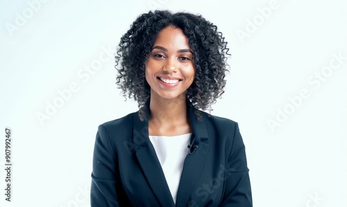 Portrait of smiling businesswoman with curly hair looking at cameraYoung businesswoman standing against white background. photo