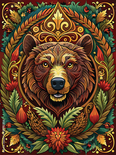 Ornate Floral Frame Enclosing a Bear's Head