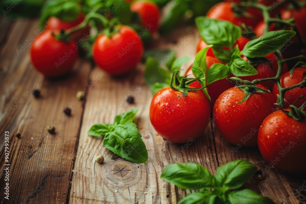 Fresh tomatoes and basil on wooden background Fresh tomatoes and basil on wooden background