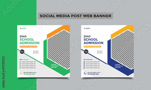 School Admission social media post or Back to school education admission social media post and web banner template design. vector illustration.
