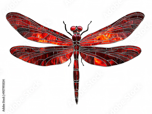 Detailed scarlet red dragonfly stained glass style art, isolated on a white background.	 photo