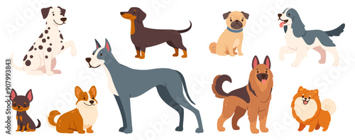 Cartoon dog pets. Cute little puppies, adorable dogs with different breeds and sizes. Home funny animals characters with happy muzzles. Dachshund, shepherd, Jack Russell. Vector set