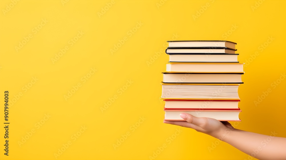 Fototapeta premium Close-up of a Person Holding Tall Stack of Various Books on Yellow Background