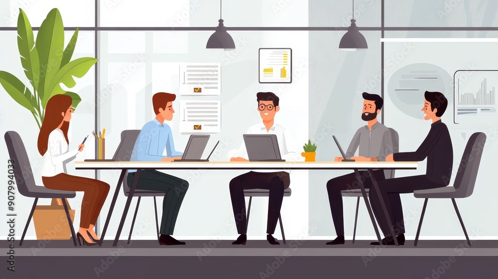 Fototapeta premium A team of four professionals is engaged in a productive meeting, showcasing collaboration, innovation, and problem-solving in a modern office setting.