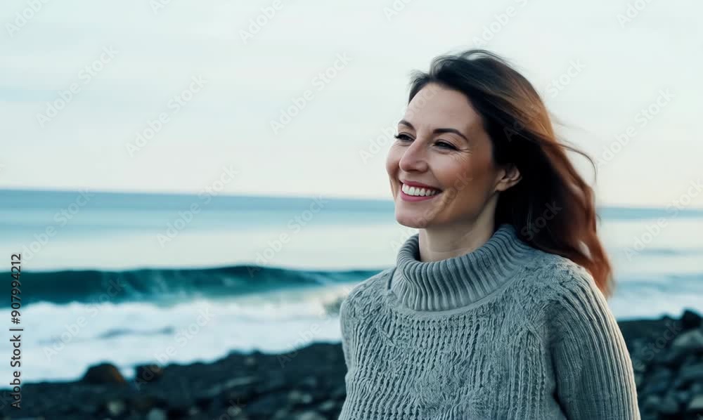 Medium shot portrait video of a pleased woman in her 40s wearing a cozy sweater against a lighthouse or coastal background Medium shot portrait video of a pleased woman in her 40s wearing a cozy sweater against a lighthouse or coastal background