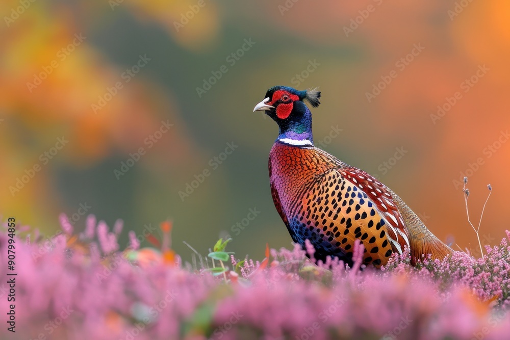 Fototapeta premium A male ring-necked pheasant stands in a field of purple heather