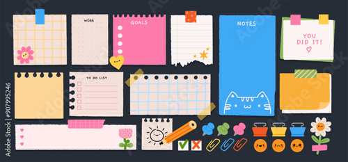 Paper sticker notes. Cartoon sticky sheets. Organization tapes, remind papers memo pages, notebook sticker, goal management office board blank for message. Scrapbooking with clips and pins vector set.