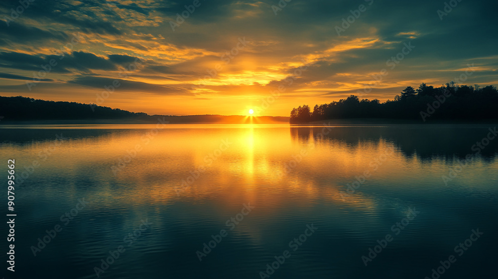 Fototapeta premium A golden sunset reflecting on calm waters of a lake. golden sunset reflecting calm waters lake nature landscape.