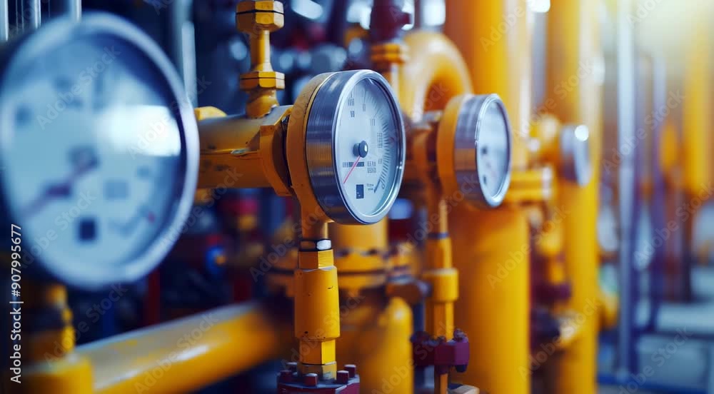 Close-up view of multiple pressure gauges in an industrial setting with vibrant yellow pipes. Close-up view of multiple pressure gauges in an industrial setting with vibrant yellow pipes.