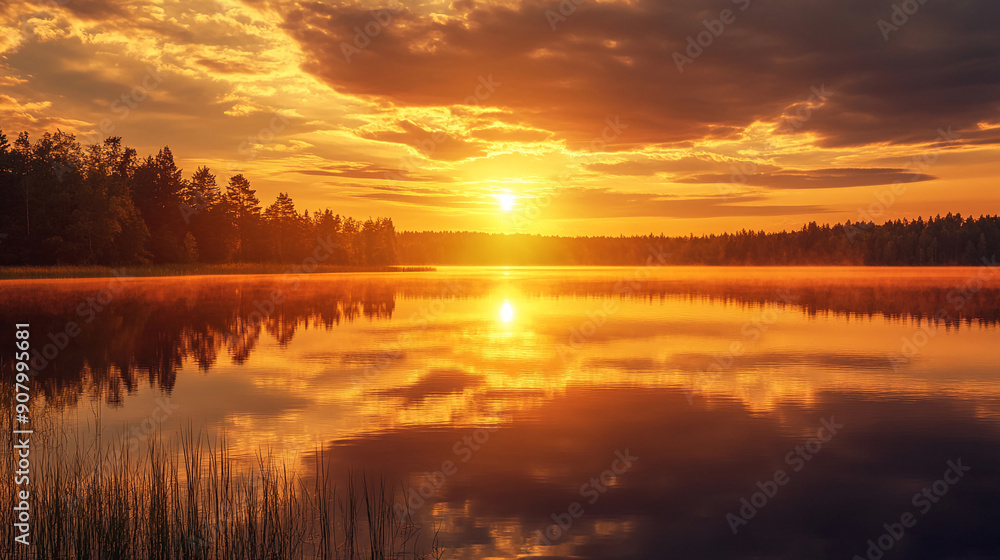 A golden sunset reflecting on calm waters of a lake. golden sunset reflecting calm waters lake nature landscape. A golden sunset reflecting on calm waters of a lake. golden sunset reflecting calm waters lake nature landscape.