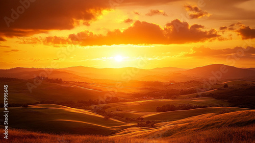 A golden sunset casting a warm glow over rolling hills. golden sunset casting warm glow rolling hills landscape.