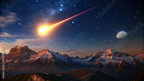 A fiery meteor streaks across the night sky above snow-capped mountains and a crescent moon. photo