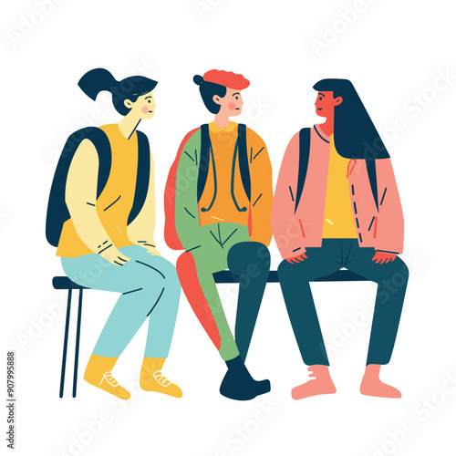 Group three young adults casual attire seated, white background. Teenagers backpack friendly conversation, mixed gender setting, simple illustration style. Diverse students bench, vibrant colors