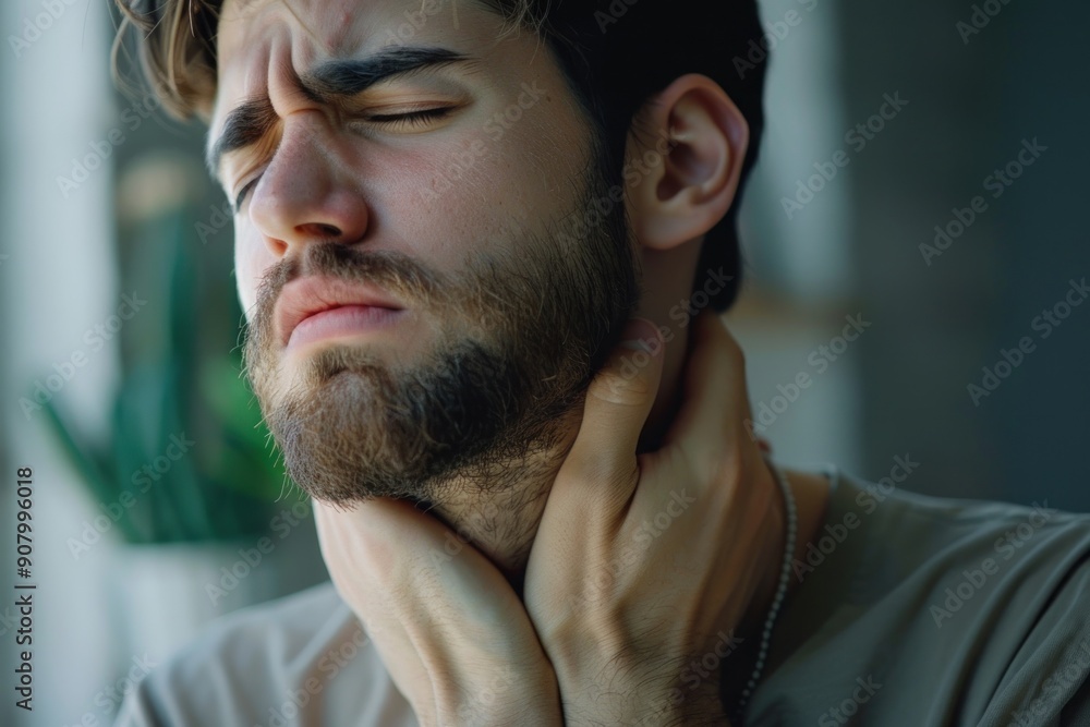 Fototapeta premium Man grimacing and holding his throat in discomfort, possibly due to a sore throat
