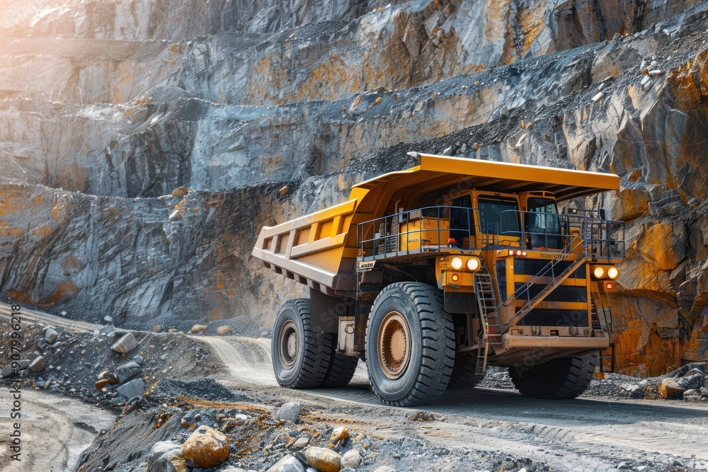 Massive Yellow Mining Truck in Action at Quarry. Concept open mine industry Massive Yellow Mining Truck in Action at Quarry. Concept open mine industry