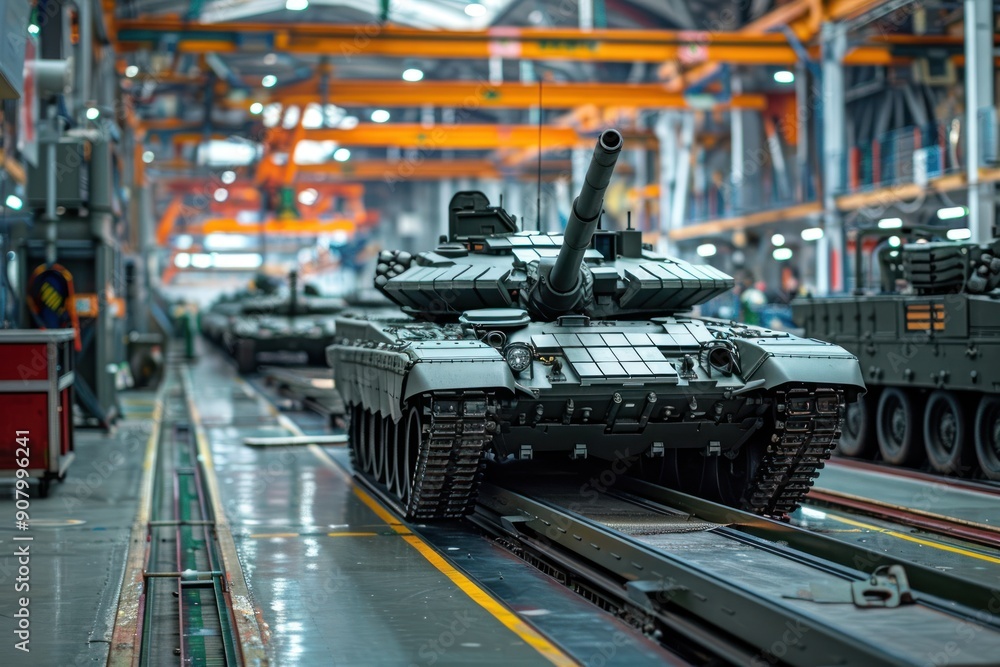 Military tank on an assembly line in a factory. Armored vehicle manufacturing process. Defense industry production Military tank on an assembly line in a factory. Armored vehicle manufacturing process. Defense industry production