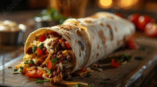 a burrito with meat, cheese, and vegetables on a cutting board