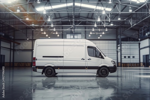 Modern Delivery Van in Warehouse. A white cargo van inside a well-lit industrial warehouse