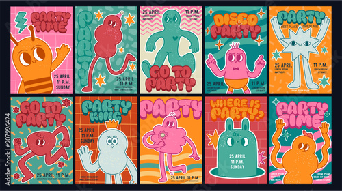 Comic character party posters. Cartoon abstract crazy monster mascot shape. Retro funny template design for poster, card, banner. Funny amorphous dudes vector psychedelics element.