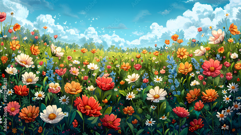 Beautiful vibrant meadow with colorful flowers in full bloom under a clear blue sky with puffy white clouds, capturing natural beauty. Beautiful vibrant meadow with colorful flowers in full bloom under a clear blue sky with puffy white clouds, capturing natural beauty.