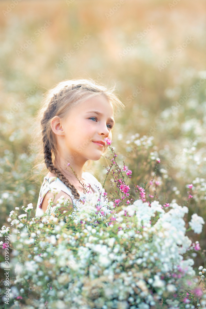 Girl child thoughtful in a dress with pigtails with a huge bouquet of wild flowers in a blooming field
Girl child thoughtful in a dress with pigtails with a huge bouquet of wild flowers in a blooming field