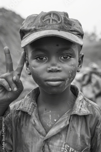 hyper realistic Cowboy Shot in black and white of an dirty faced african boy in a dirty area showing the peace sign in the style of happycore