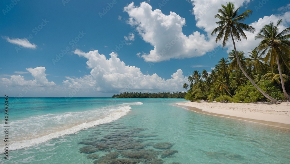 Fototapeta premium Tropical beach with white sand, coconut trees and clear blue sea water.