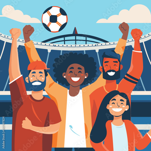 Excited group celebrating victory, smiling sports fans stadium, hands raised cheering. Diverse friends enjoying soccer match, football game, animated crowd vibrant colors. Colorful event, young