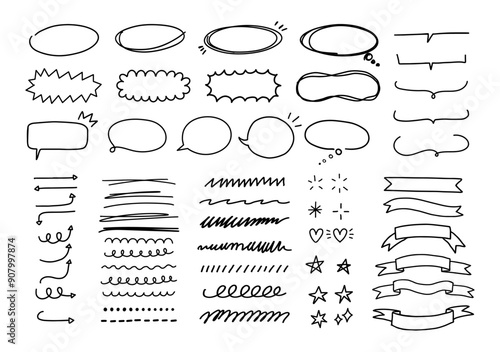 Doodle scribble. Sketch line frames and elements. Underline shapes, speech bubble, paint ink emphasis. Simple handwriting ribbons, stars, arrows. Hand drawn kids doodles, graffiti strokes vector set.