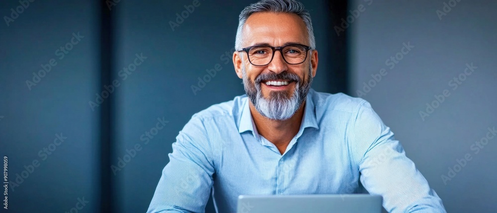 Smiling Businessman with Glasses and Beard Working on Laptop. Generative ai Smiling Businessman with Glasses and Beard Working on Laptop. Generative ai