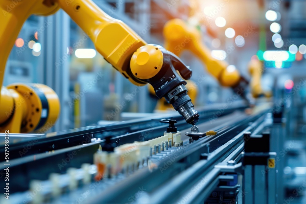 Robotic Arms on Industrial Production Line. Automated robotic arms working on a manufacturing line in a factory Robotic Arms on Industrial Production Line. Automated robotic arms working on a manufacturing line in a factory