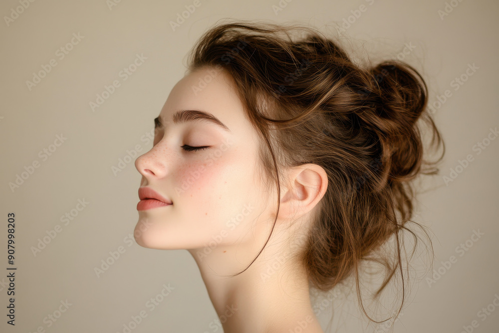 A close up of a girl's face with her eyes closed
