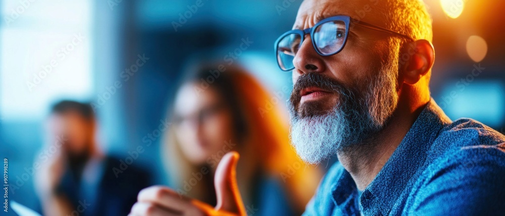 Thoughtful Man in Glasses at Office Meeting. Generative ai Thoughtful Man in Glasses at Office Meeting. Generative ai