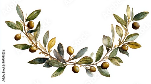 A delicate watercolor illustration of an olive branch wreath, symbolizing peace, abundance, prosperity, growth, and nature.