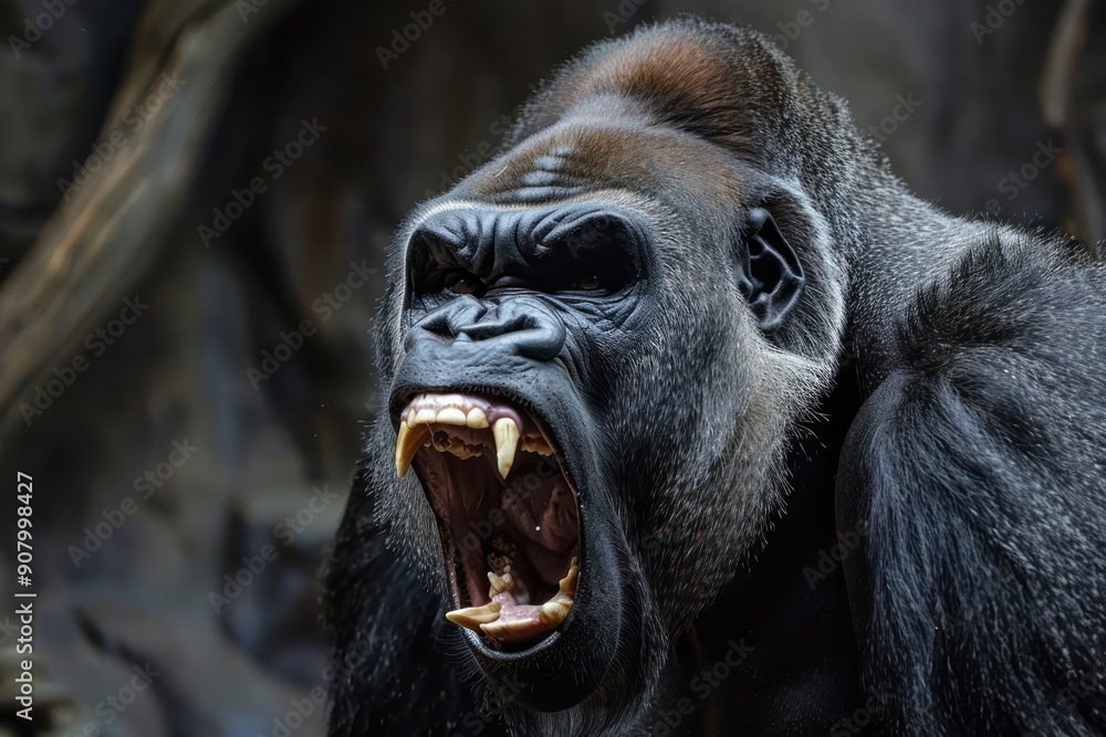Screaming angry gorilla. Wild animal