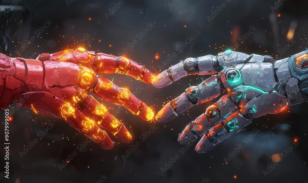 Futuristic Robotic Hands Connecting with Fiery and Cool Lighting Futuristic Robotic Hands Connecting with Fiery and Cool Lighting