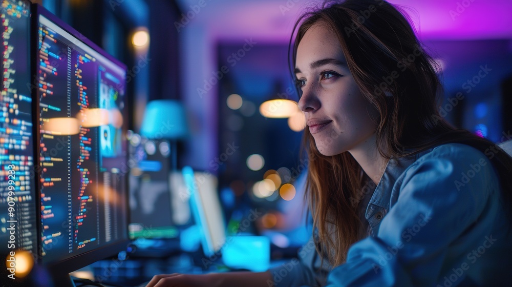 Focused Woman Working on Computer at Night Focused Woman Working on Computer at Night