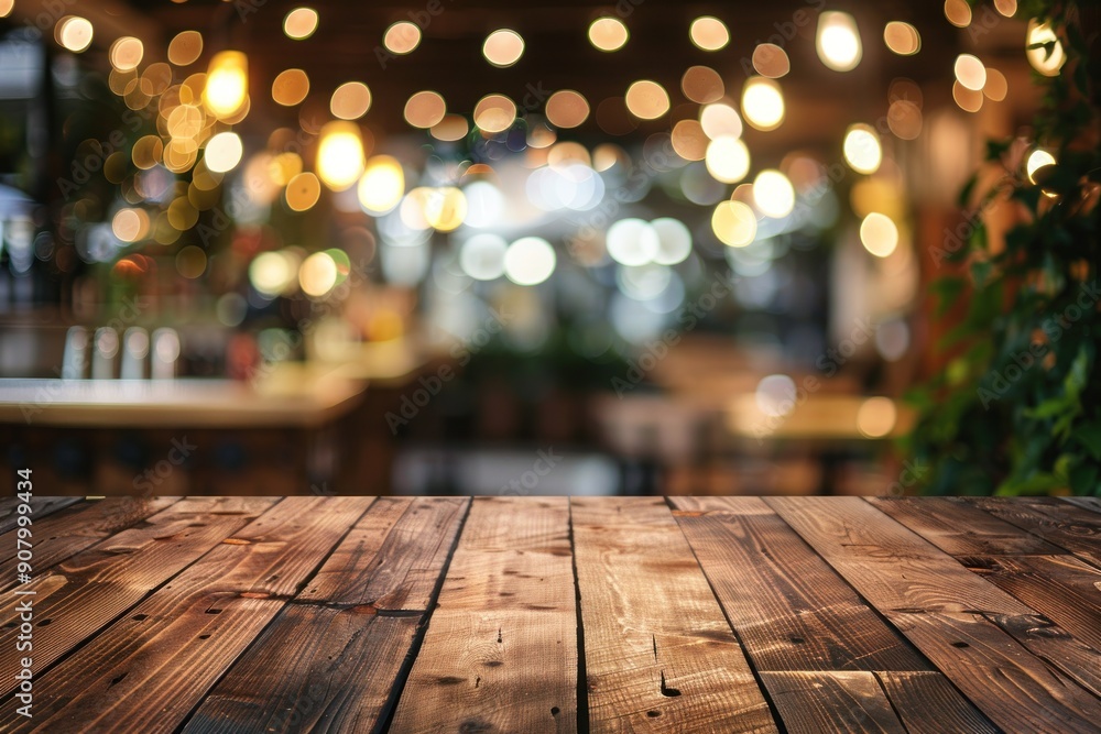 Top of wooden table on blur background with lights of bar, cafe, coffee shop or restaurant. Using for mock up template Top of wooden table on blur background with lights of bar, cafe, coffee shop or restaurant. Using for mock up template