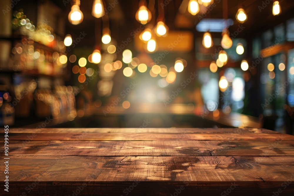 Top of wooden table on blur background with lights of bar, cafe, coffee shop or restaurant. Using for mock up template Top of wooden table on blur background with lights of bar, cafe, coffee shop or restaurant. Using for mock up template
