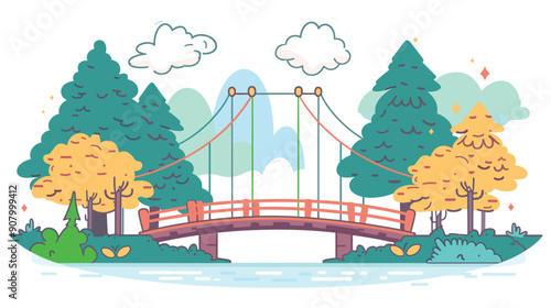 Bridge over nature park river suspension rope cables evergreen deciduous trees autumn foliage clouds blue sky. Scenery peaceful picturesque landscape forested background. Drawing colorful cartoon