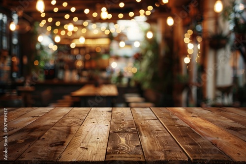 Top of wooden table on blur background with lights of bar, cafe, coffee shop or restaurant. Using for mock up template