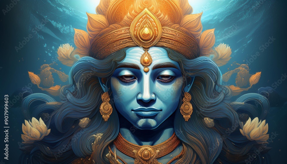 Lord Vishnu is typically depicted with a serene and compassionate expression, his complexion a deep blue symbolizing cosmic depth. His large, lotus-like eyes radiate purity and spiritual insight. Lord Vishnu is typically depicted with a serene and compassionate expression, his complexion a deep blue symbolizing cosmic depth. His large, lotus-like eyes radiate purity and spiritual insight.
