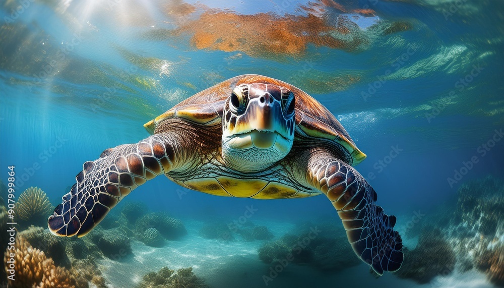 Obraz premium Underwater view of a sea turtle swimming in clear blue water. Sunlight filters through the waters and illuminating her yellow head