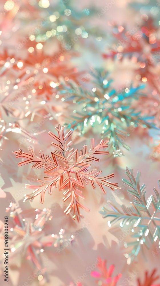 Abstract Background of 3D Snowflakes in Gradient Green and Peach Colors Abstract Background of 3D Snowflakes in Gradient Green and Peach Colors