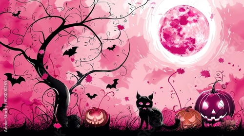 Pink Halloween Scene with Pumpkins, cat and Bats in the cemetery