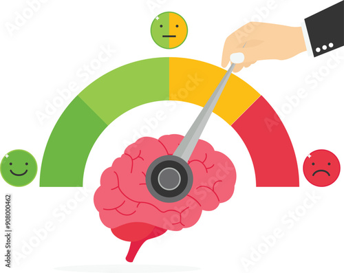 Businessman pull the arrow on brain. Self-assessment, find plan, goals life. Modern vector illustration in flat style

