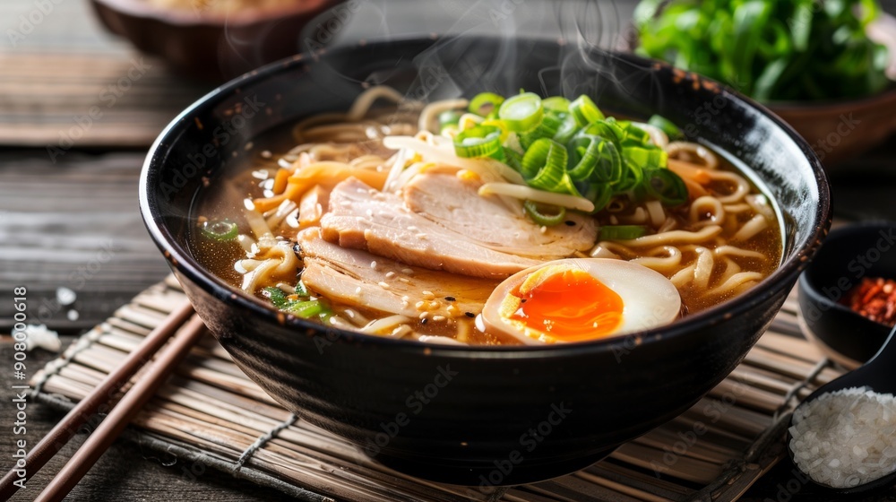 A steaming bowl of ramen with rich, flavorful broth, topped with slices of tender chashu pork, a soft-boiled egg, bamboo shoots, and green onions. A steaming bowl of ramen with rich, flavorful broth, topped with slices of tender chashu pork, a soft-boiled egg, bamboo shoots, and green onions.