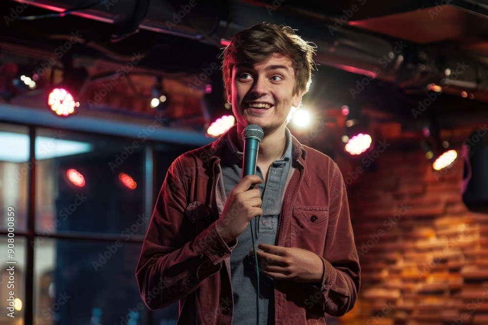 Obraz premium Young male comedian performing his stand-up monologue on a stage of a small venue